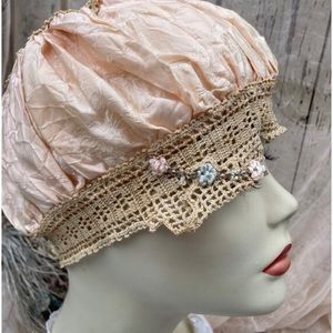 Vintage Pink Nightcap-Pink Sleeping Hat-Silk Crochet-Antique Nightcap-Pink Beige